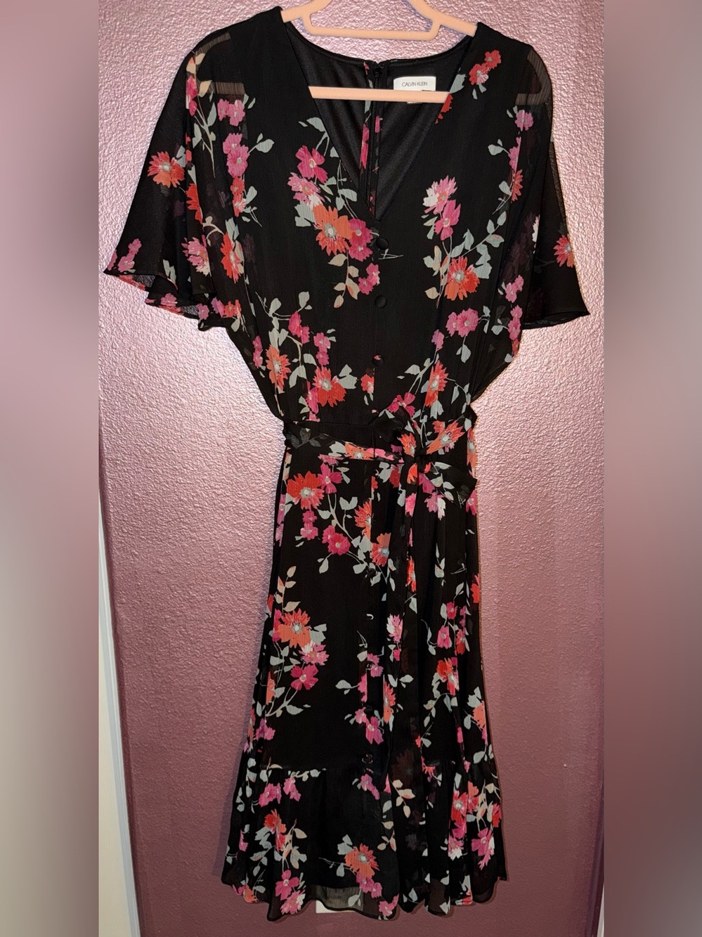 Calvin Klein Black Maxi Dress with Pink & Coral Floral Print